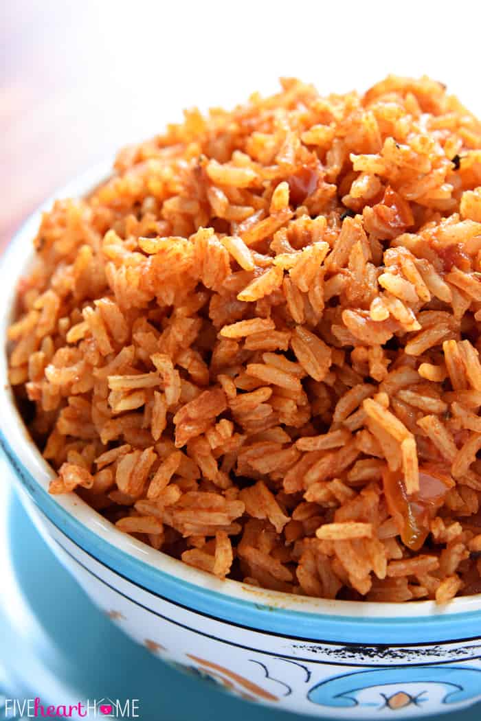 Spanish Rice recipe piled in a serving bowl.