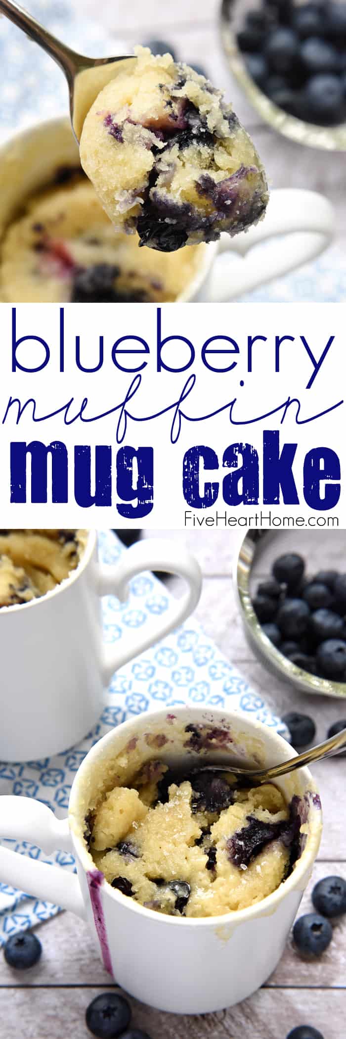 Blueberry Muffin Mug Cake ~ enjoy a fresh, warm, blueberry muffin in a mug that's ready in minutes with this simple-to-make, bursting-with-berries, breakfast or snack recipe | FiveHeartHome.com via @fivehearthome