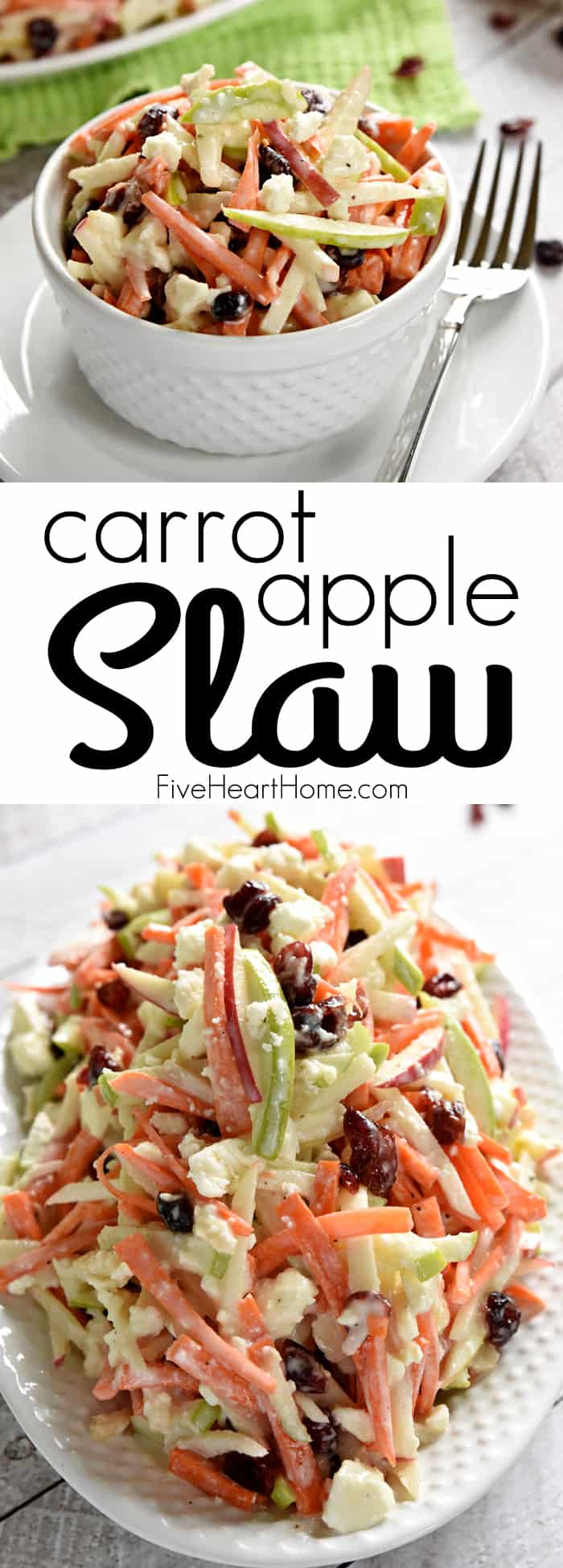 Carrot Apple Slaw ~ with crunchy carrots, sweet and tart apples, dried cranberries, salty feta cheese, and a creamy dressing, this salad is a refreshingly sweet and savory side dish for summer! | FiveHeartHome.com via @fivehearthome