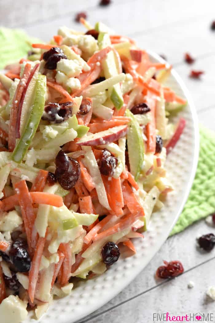 Close-up of salad piled onto a platter.