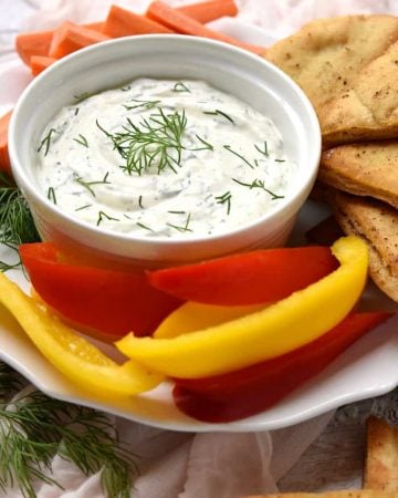 Dreamy Dill Dip with Baked Pita Wedges ~ simple and delicious, this dip features a base of Greek yogurt and sour cream flavored with fresh dill, making it perfect for a variety of dippers, from crunchy veggies to pita chips! | FiveHeartHome.com