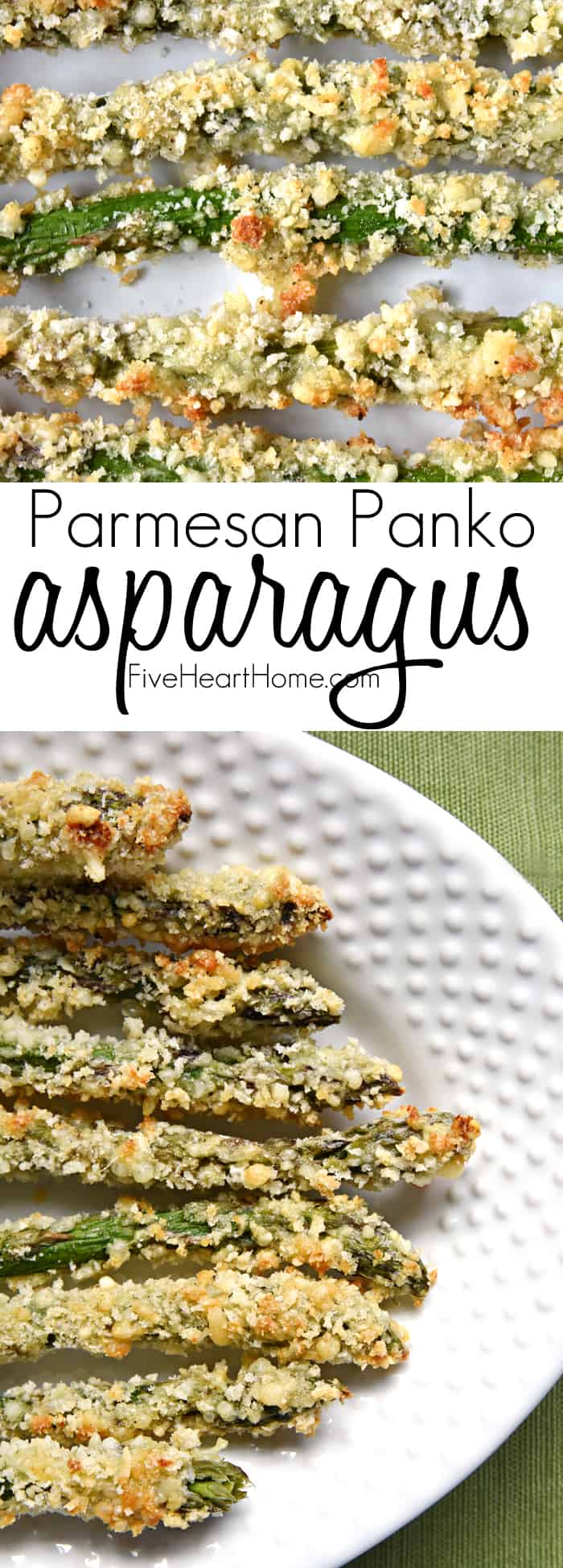Asparagus Fries are Panko and Parmesan crusted asparagus spears that are breaded and baked until crispy and golden brown for an addictive, healthy side dish or snack! | FiveHeartHome.com via @fivehearthome
