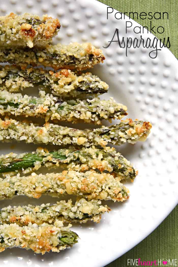 Parmesan Panko Asparagus ~ fresh asparagus spears are coated in a mixture of grated Parmesan and panko breadcrumbs and baked until crispy and golden brown for an addictive, healthy, "asparagus fries" side dish or snack | FiveHeartHome.com