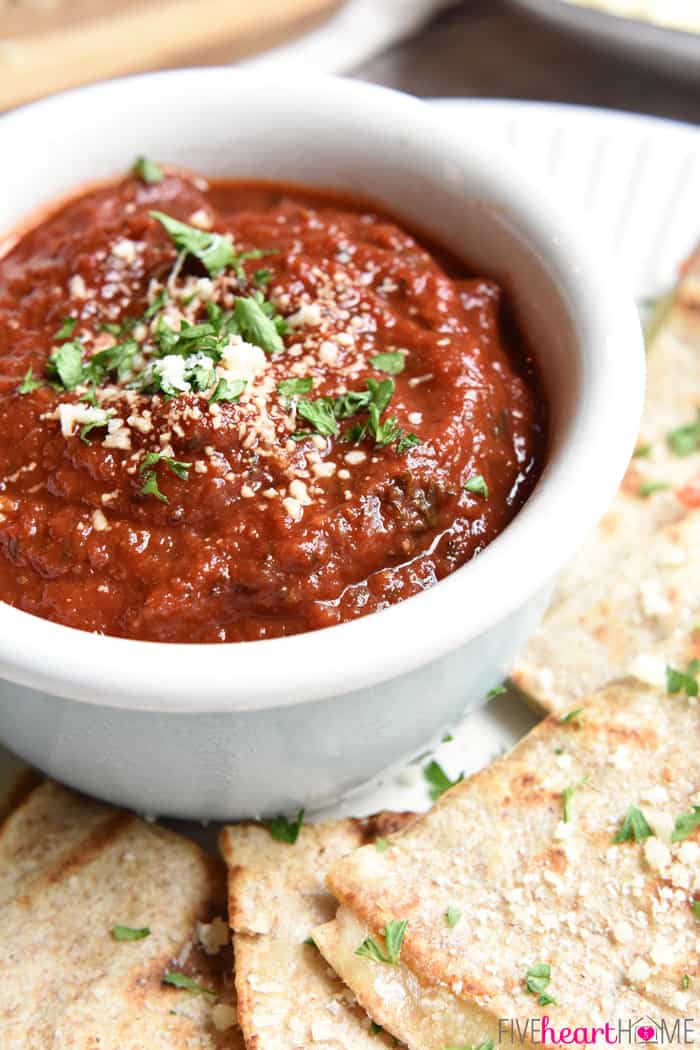 Pizza Sauce for dipping in a white and blue ramekin 