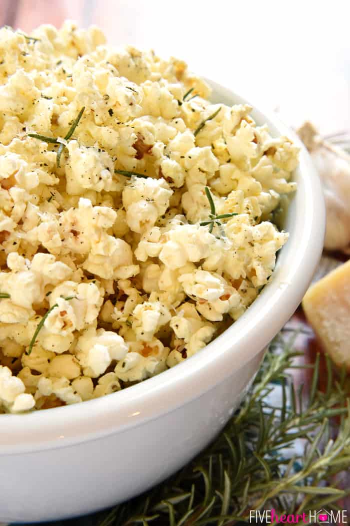 Rosemary Parmesan Popcorn in a White Bowl