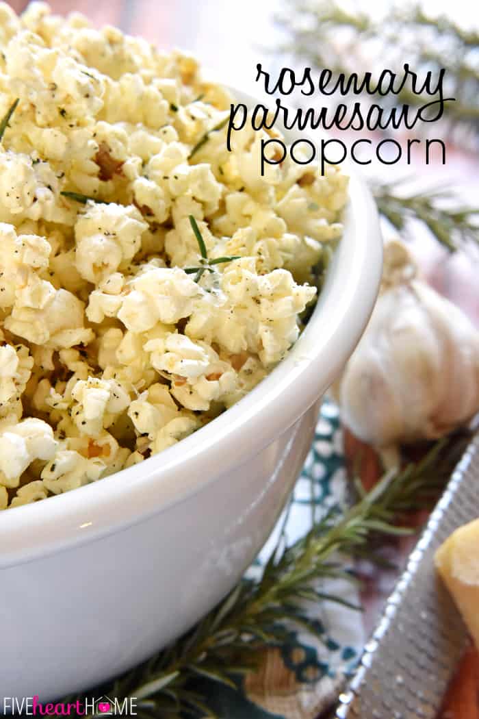 Rosemary Parmesan Popcorn ~ freshly-popped popcorn is drizzled with rosemary- and garlic-inflused olive oil and sprinkled with grated Parmesan, minced rosemary, garlic salt, and black pepper, making this recipe a flavorful snack for parties, munching, or movie watching! | FiveHeartHome.com