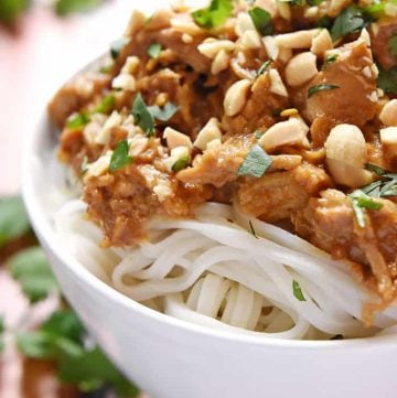 Slow Cooker Thai Chicken with Peanut Sauce over rice noodles