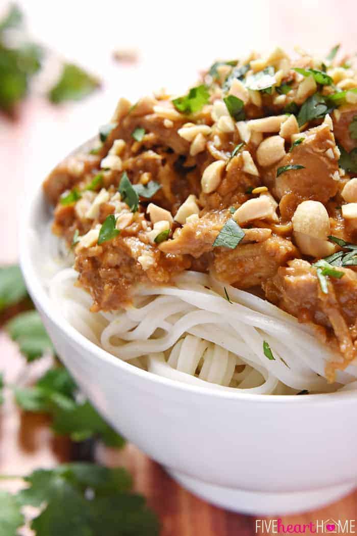 Slow Cooker Thai Chicken with Peanut Sauce over rice noodles