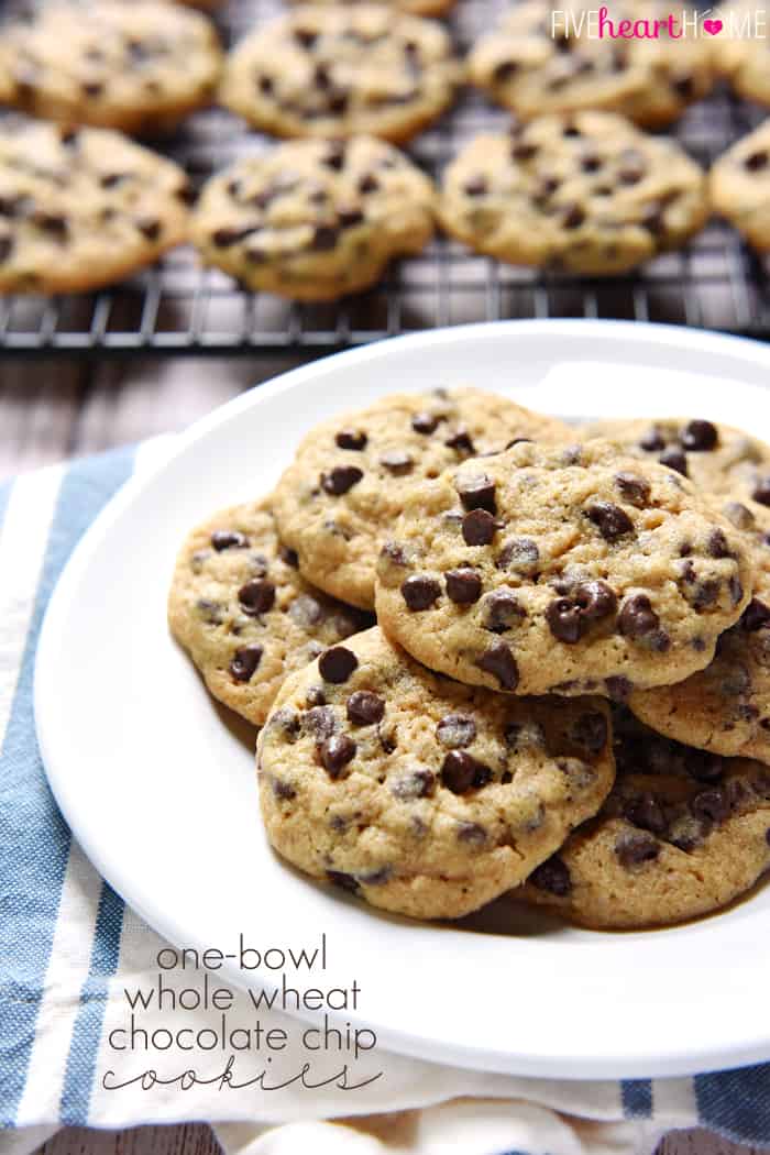 One-Bowl Whole Wheat Chocolate Chip Cookies ~ chewy, delicious, and made with 100% whole wheat flour in just one bowl, there's no need to feel guilty about enjoying an extra cookie...or three! | FiveHeartHome.com