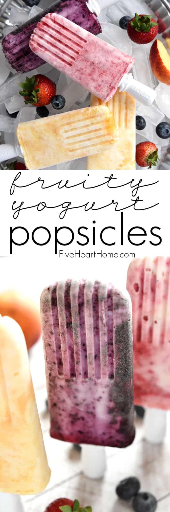 Fruity Yogurt Popsicles ~ a frosty summer treat made with just three simple ingredients...and while they're healthy enough for breakfast, they taste decadent enough for dessert! | FiveHeartHome.com via @fivehearthome