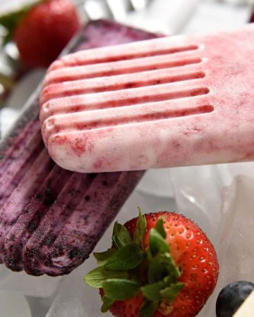 Close-up of Yogurt Popsicles in strawberry and bluebery flavors.
