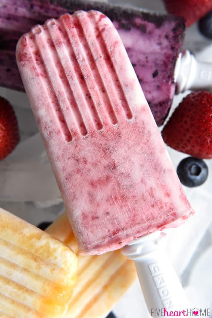 Yogurt Popsicles in strawberry, peach and blueberry flavors.