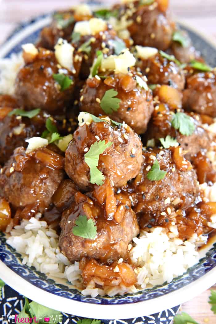 Hawaiian Meatballs garnished with cilantro and sesame seeds.