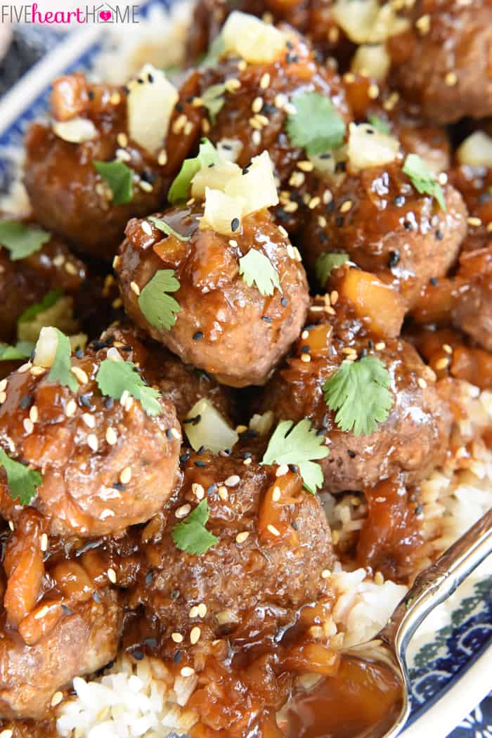 Close-up of Hawaiian Meatballs.