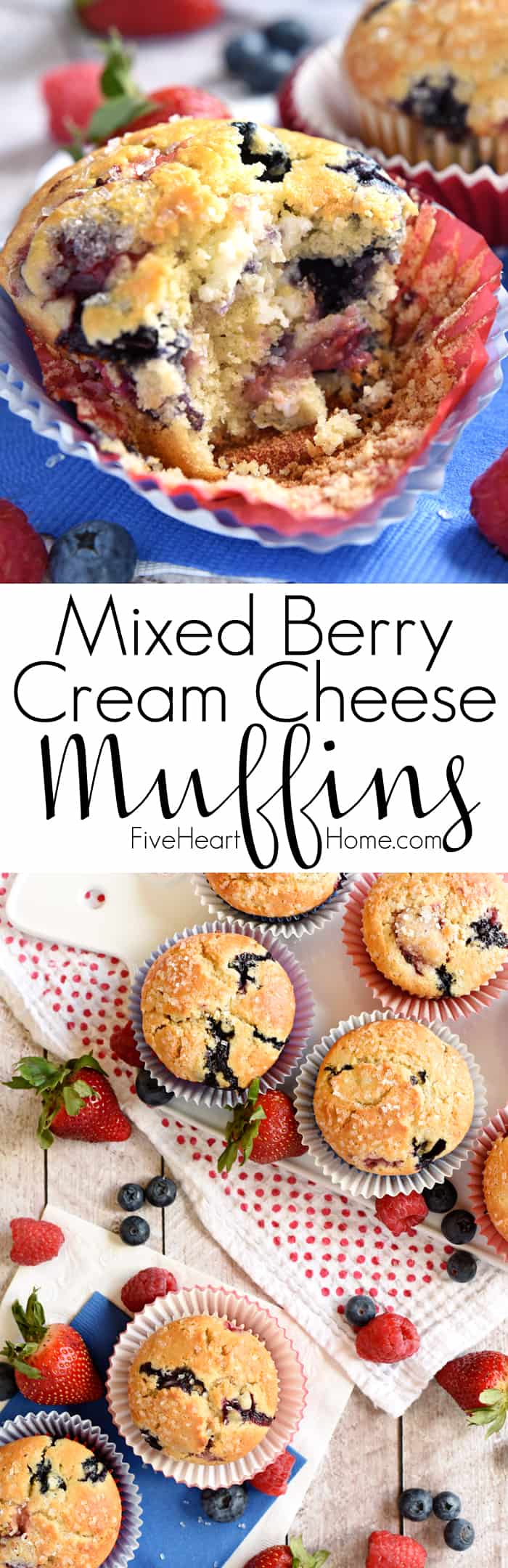 Mixed Berry Cream Cheese Muffins ~ bursting with fresh strawberries, blueberries, and raspberries…as well as a surprise swirl of cream cheese filling! | FiveHeartHome.com via @fivehearthome