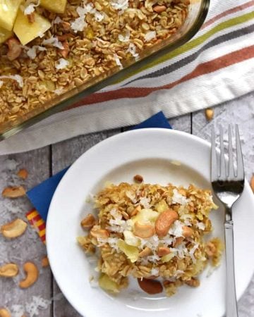 Piña Colada Baked Oatmeal ~ this wholesome breakfast recipe gets a tropical twist with the addition of fresh minced pineapple, coconut milk, and shredded coconut | FiveHeartHome.com