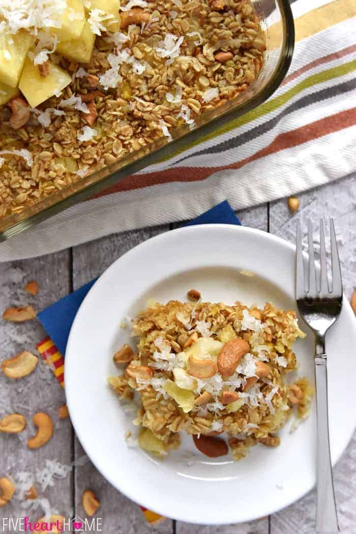 Serving of Piña Colada Baked Oatmeal on a White Plate