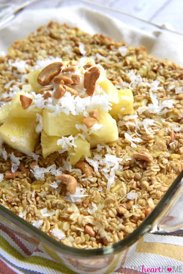 Piña Colada Baked Oatmeal in Glass Baking Dish 