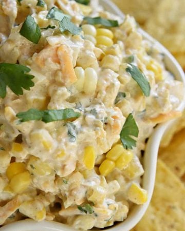 Tex-Mex Fresh Corn Dip ~ creamy, cheesy dip featuring fresh roasted corn, laced with cumin, a touch of jalapeño, and fresh cilantro...the perfect appetizer or snack for any summer cookout or get-together! | FiveHeartHome.com
