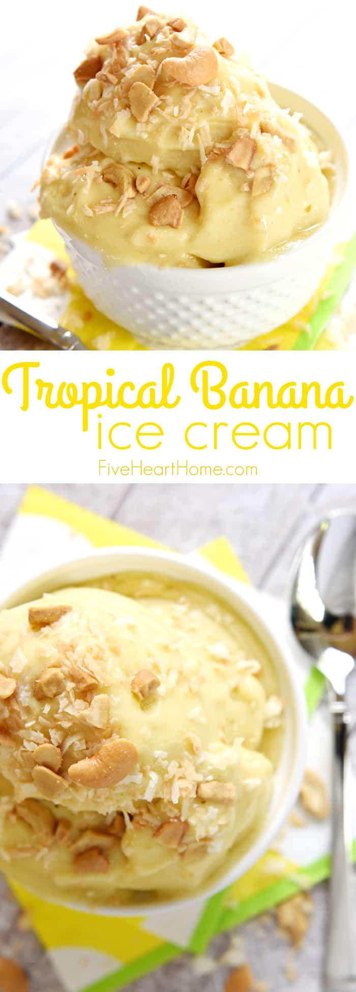 Tropical Banana "Ice Cream" ~ features frozen bananas, pineapple, and mango whipped to an ice cream-like consistency for an all-natural, all-fruit treat with no added sugar...decadent enough for dessert yet healthy enough for breakfast! | FiveHeartHome.com via @fivehearthome