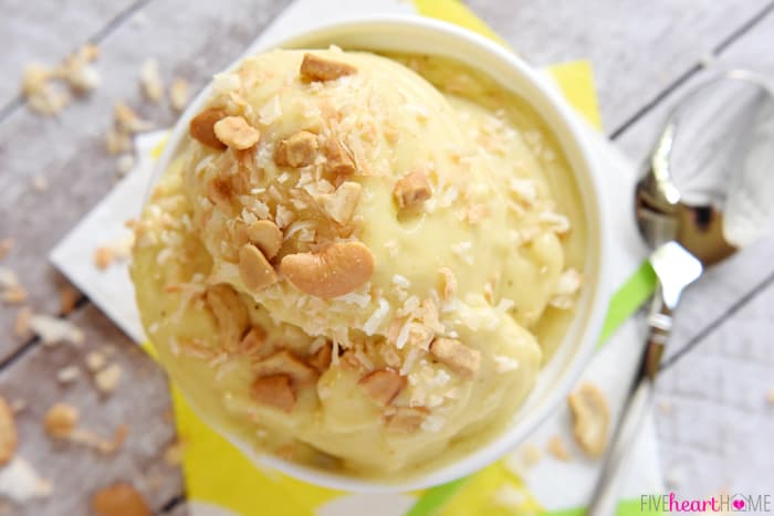 Aerial view of Banana Ice Cream, garnished in bowl.