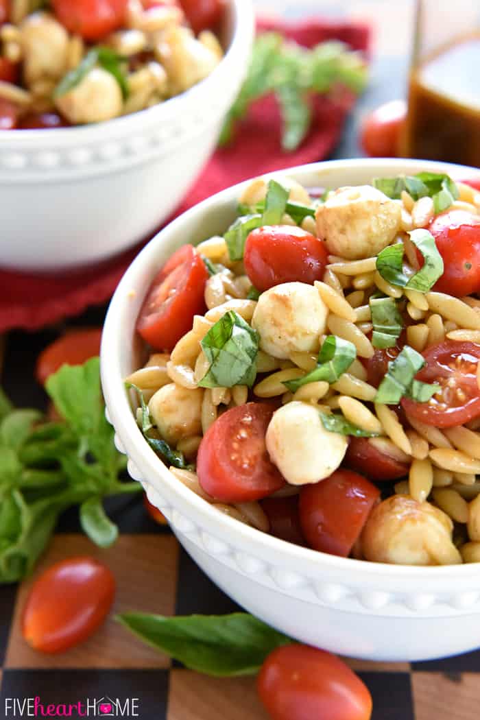 Close-up of the orzo salad recipe