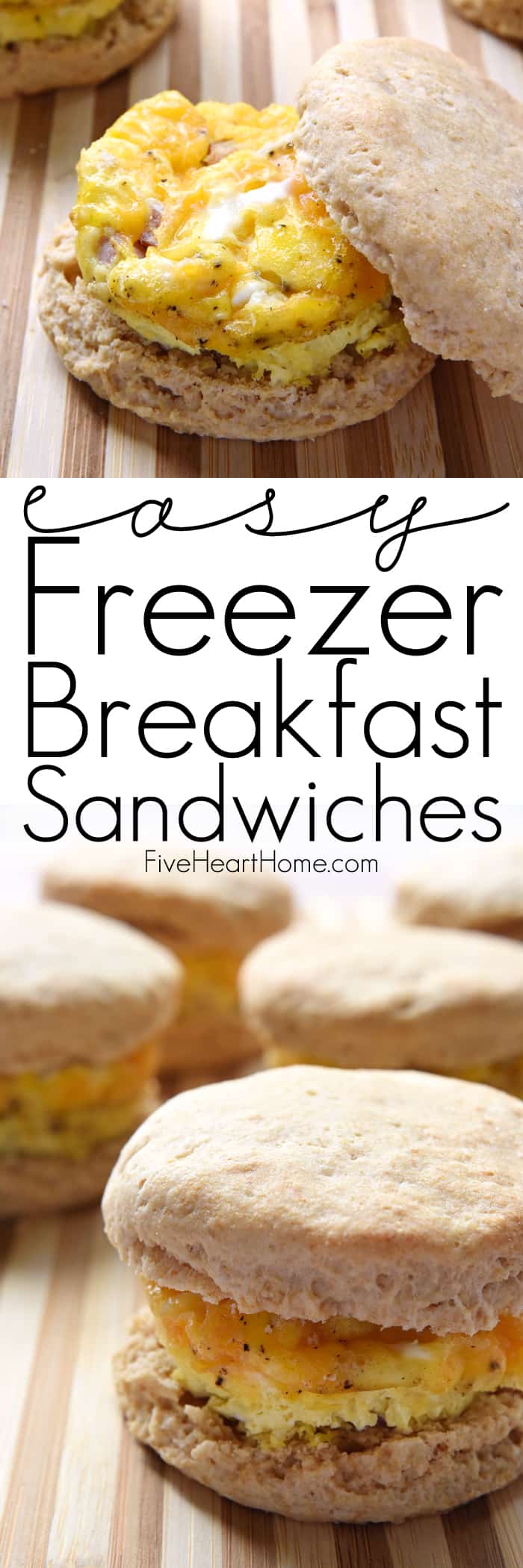 Easy Freezer Breakfast Sandwiches ~ cheesy scrambled eggs with ham are sandwiched inside of flaky biscuits in these make-ahead sandwiches that freeze beautifully...perfect for busy mornings and breakfast on-the-go! | FiveHeartHome.com via @fivehearthome