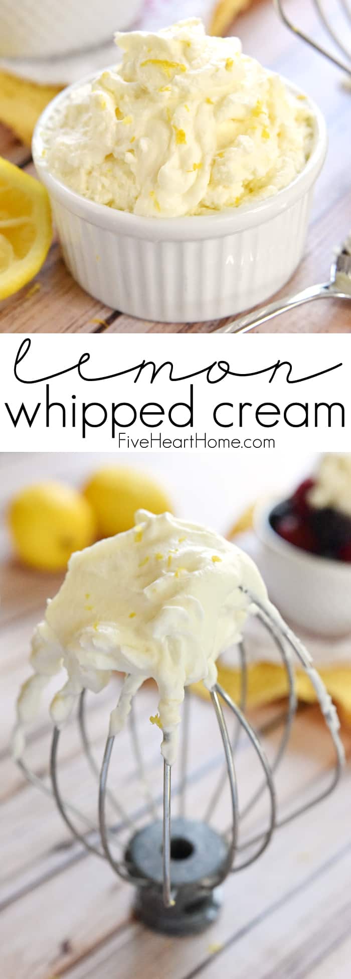 Lemon Whipped Cream ~ a quick and easy recipe that makes a light and citrusy topping for berries, waffles, pound cake, and more! | FiveHeartHome.com via @fivehearthome