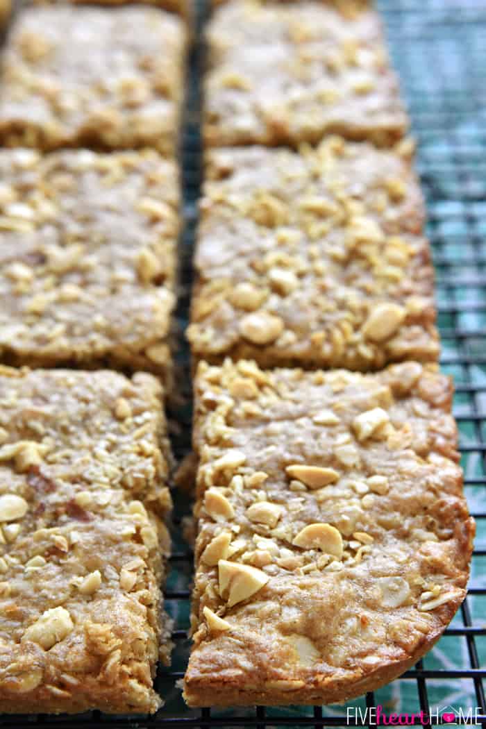 Peanut Butter Oatmeal Bars ~ loaded with wholesome oatmeal and whole wheat flour, flavored with peanut butter, and sweetened with honey, these soft-baked oatmeal bars make a yummy, on-the-go breakfast or snack! | FiveHeartHome.com Cooling on a wire rack.