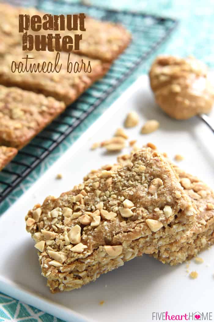 Peanut Butter Oatmeal Bars ~ loaded with wholesome oatmeal and whole wheat flour, flavored with peanut butter, and sweetened with honey, these soft-baked oatmeal bars make a yummy, on-the-go breakfast or snack! | FiveHeartHome.com Peanut Butter Oatmeal Bars with text overlay.