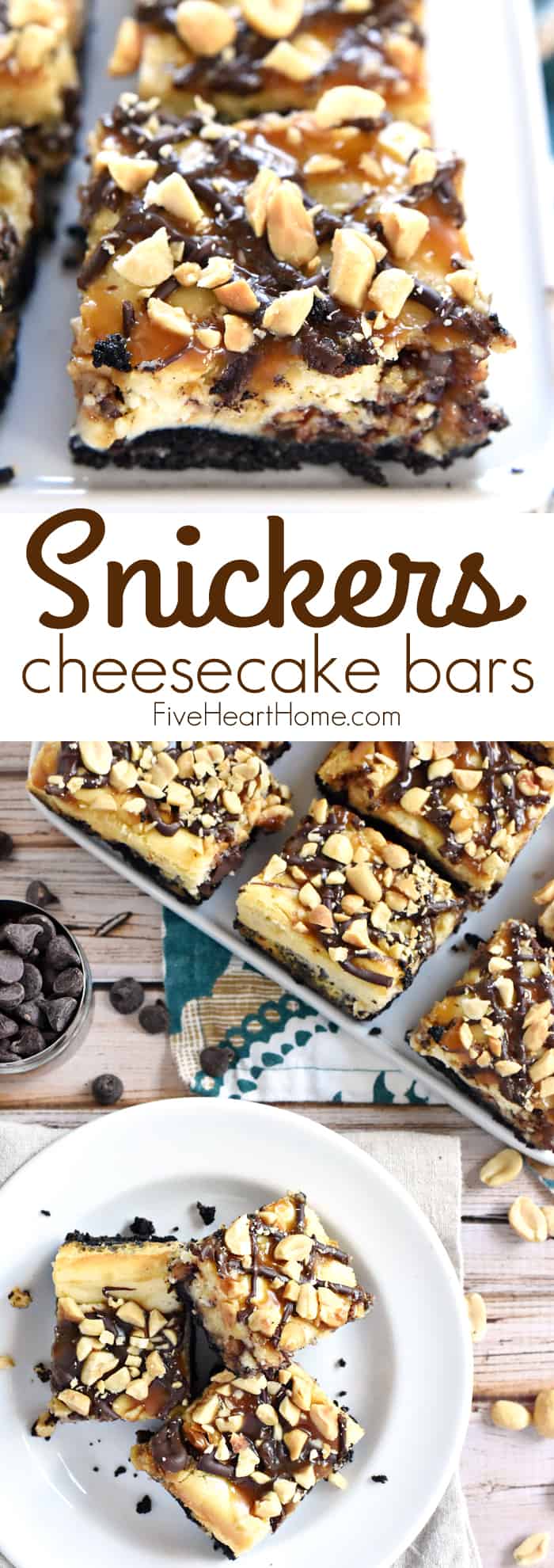 Snickers Cheesecake Bars ~ a crunchy Oreo crust is topped with a decadent layer of Snickers-studded cheesecake, drizzled with smooth chocolate and gooey caramel, and then sprinkled with salty chopped peanuts! | FiveHeartHome.com via @fivehearthome