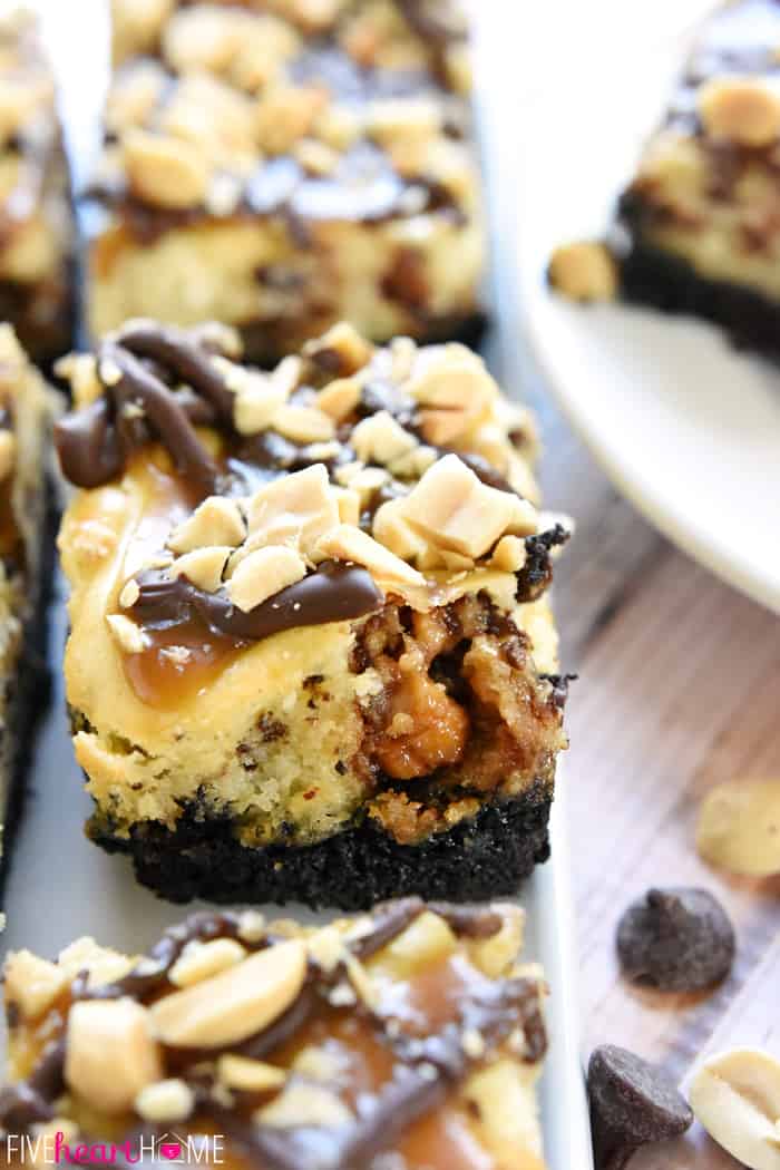 Close-Up of Snickers Cheesecake Bars on Platter