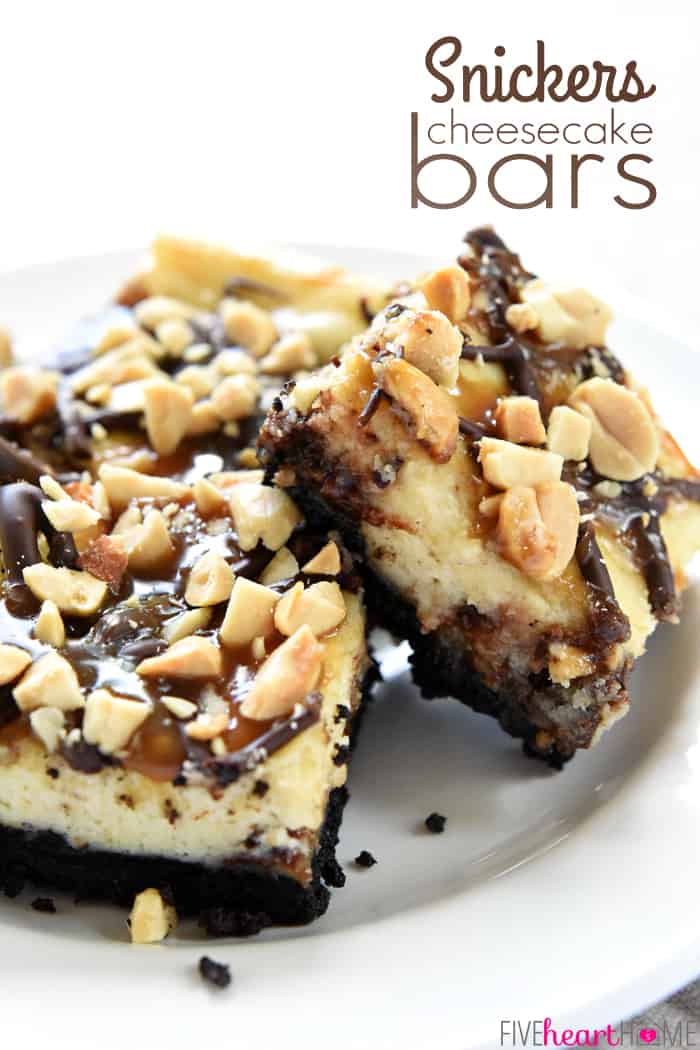 Snickers Cheesecake Bars ~ a crunchy Oreo crust is topped with a decadent layer of Snickers-studded cheesecake, drizzled with smooth chocolate and gooey caramel, and then sprinkled with salty chopped peanuts! | FiveHeartHome.com
