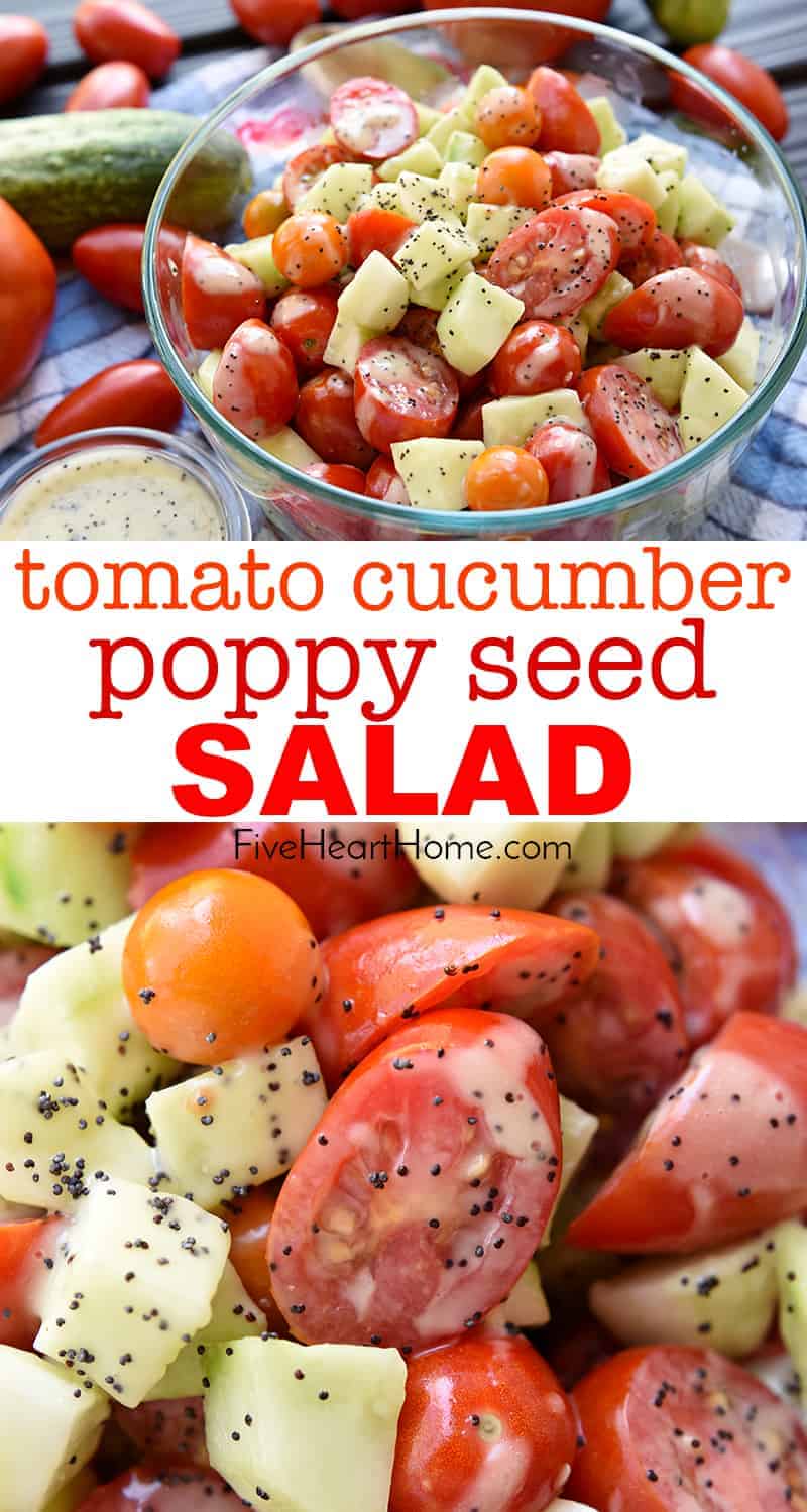 Tomato Cucumber Poppyseed Salad ~ juicy tomatoes and crisp cucumbers are tossed with a sweet and tangy dressing for a fresh and healthy summertime side dish recipe! | FiveHeartHome.com #tomatocucumbersalad #cucumbertomatosalad via @fivehearthome