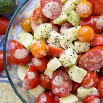 Aerial view of Tomato Cucumber Poppy Seed Salad.