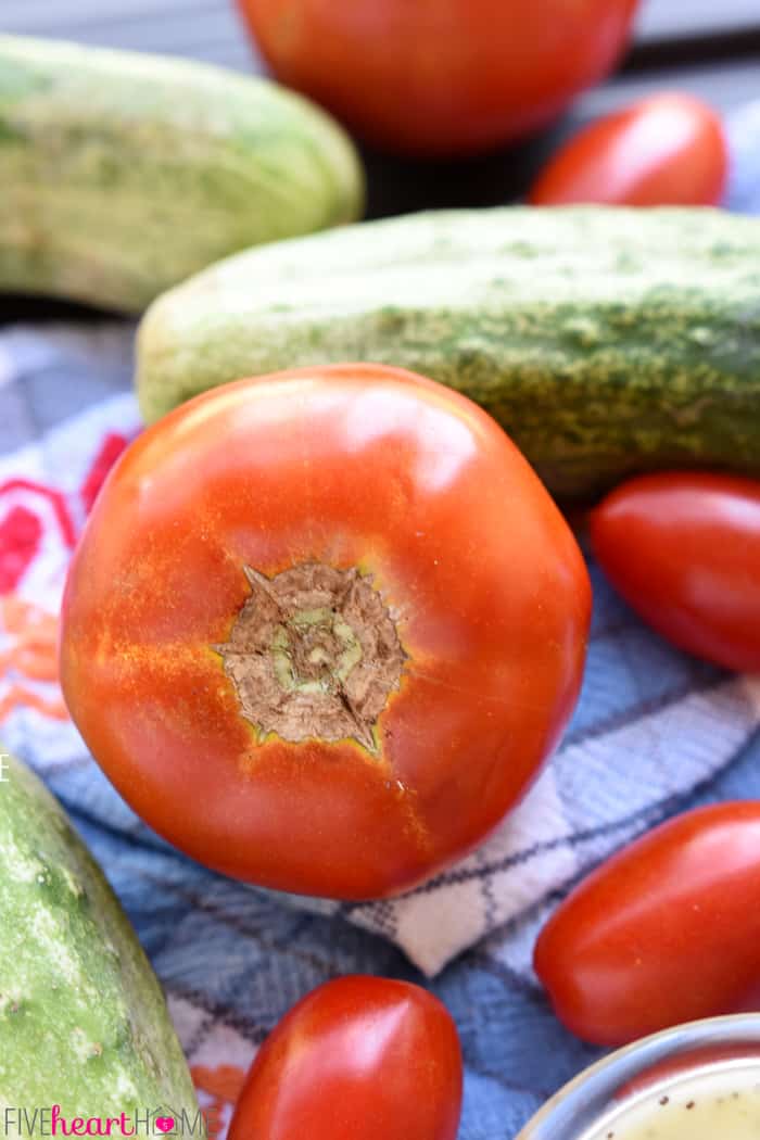 Homegrown tomatoes and garden fresh cucumbers.