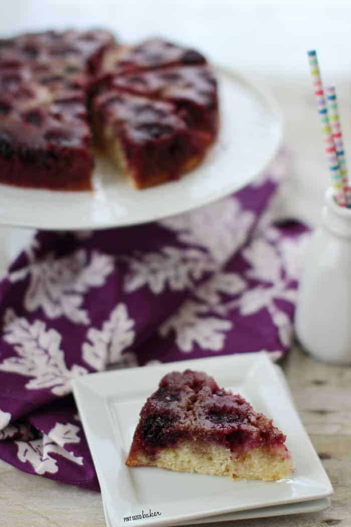 Blackberry Upside-Down Almond Skillet Cake ~ studded with almonds and oozing with fresh berries, this simple cake is a delicious summer twist on the popular pineapple dessert! | Pint Sized Baker for FiveHeartHome.com Close-Up of a Serving on a Square Plate