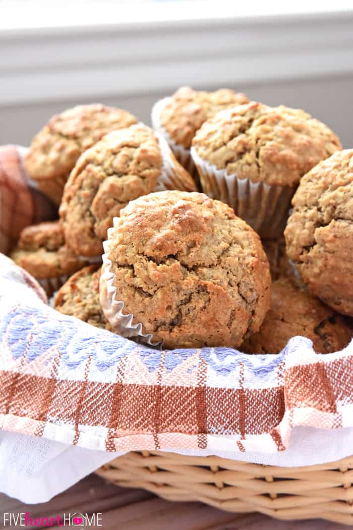 Spiced Oatmeal Muffins ~ perfectly flavored with crunchy tops and pillowy centers, these muffins are a wholesome, delicious breakfast on-the-go or anytime snack! | FiveHeartHome.com Basket overflowing with oatmeal muffins.