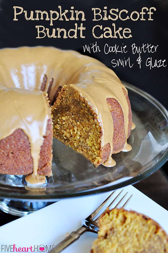 Pumpkin Bundt Cake with Cookie Butter ~ with flavors of pumpkin, vanilla, cinnamon, and caramelized cookies, this moist cake boasts a Biscoff swirl and a topping of Biscoff glaze! | FiveHeartHome.com via @fivehearthome