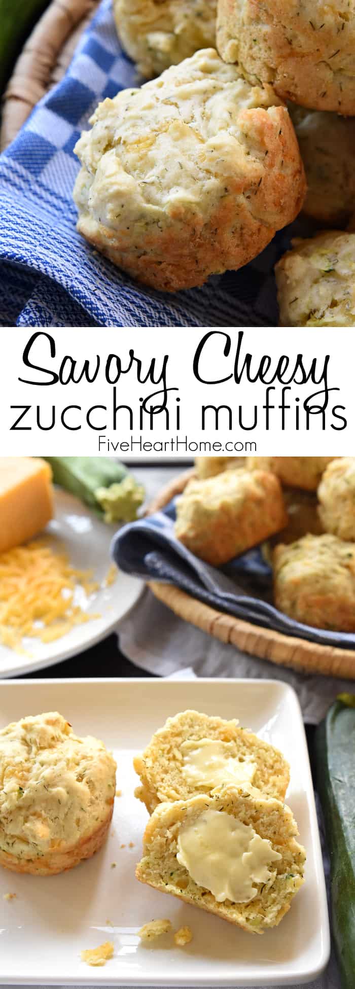 Savory Zucchini Muffins ~ these savory muffins are loaded with sharp cheddar and salty Parmesan, with bonus flavors of garlic and dill...warm out of the oven and slathered with butter, they'll become your new favorite way to enjoy garden-fresh zucchini! | FiveHeartHome.com via @fivehearthome