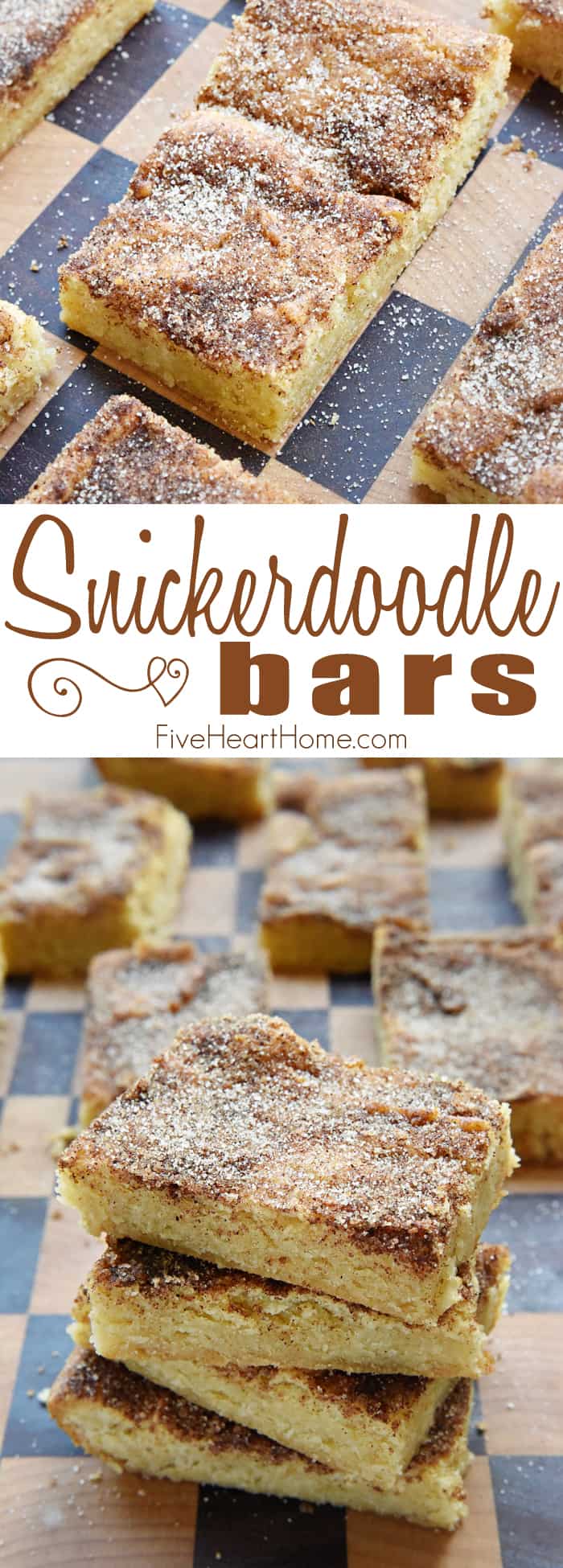 Snickerdoodle Bars ~ soft and chewy treats that are as effortless as spreading batter into a pan and showering with cinnamon and sugar...half the work of the popular cookies with the same yummy flavor and texture! | FiveHeartHome.com via @fivehearthome