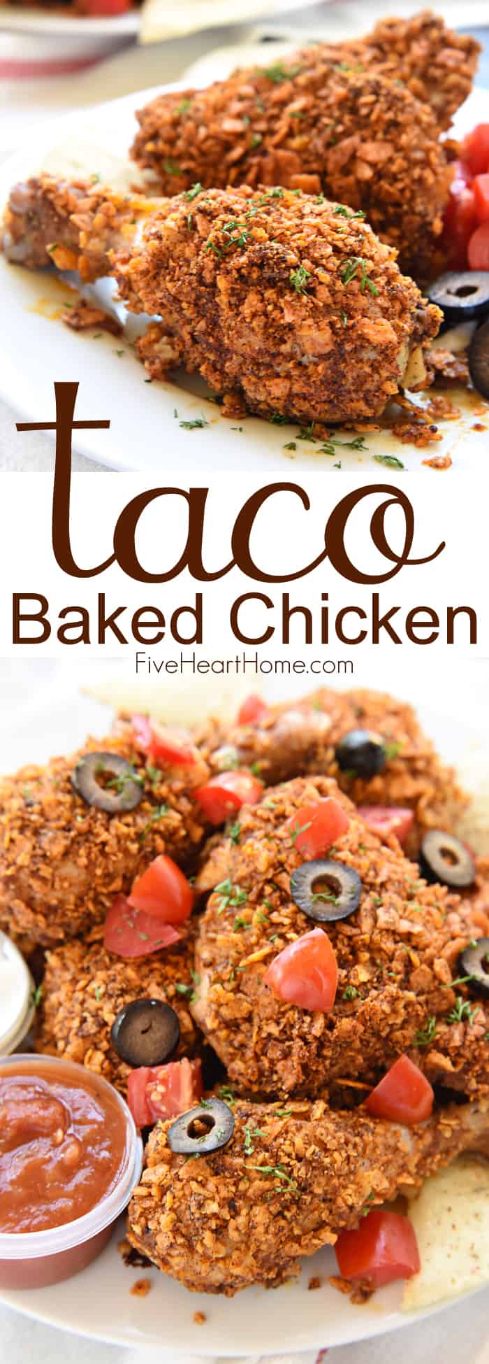 Taco Baked Chicken ~ tender and juicy on the inside with a crunchy coating of taco-seasoned tortilla chips, this Tex-Mex twist on baked chicken is a simple and delicious dinner for any night of the week! | FiveHeartHome.com via @fivehearthome