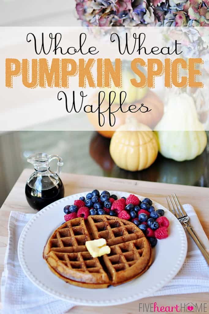 Whole Wheat Pumpkin Waffles on plate with berries.