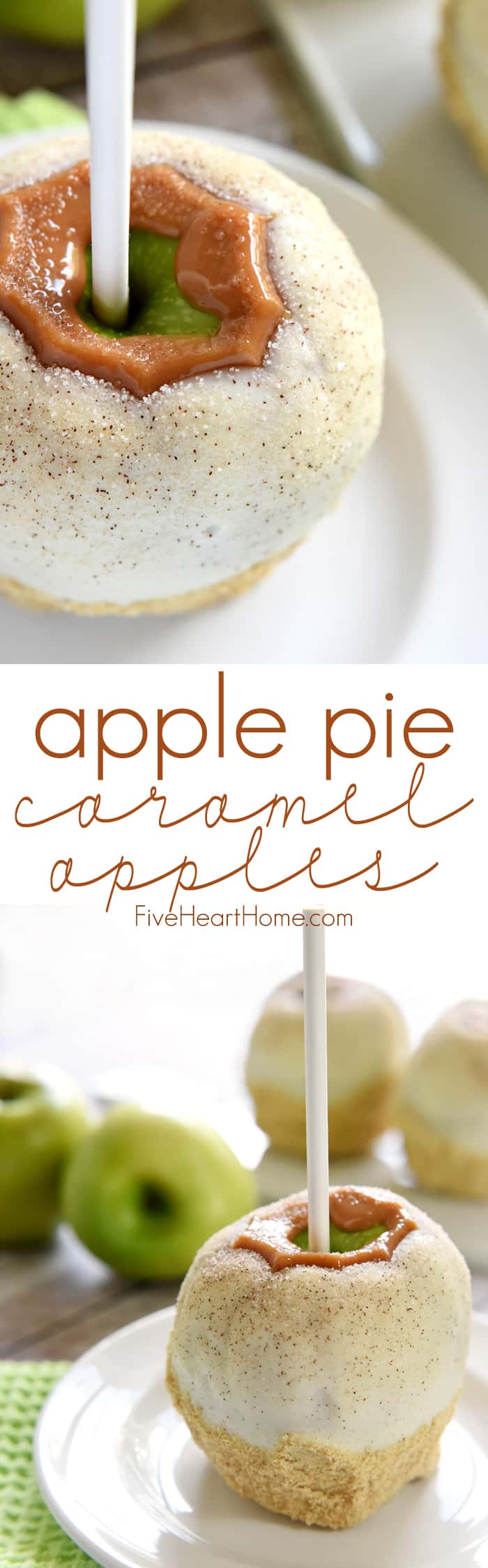 Apple Pie Caramel Apples ~ tart green apples coated in chewy caramel, dipped in white chocolate, and then sprinkled with cinnamon sugar are an uncanny copycat of Disney's famous treat...and they truly taste like apple pie! | FiveHeartHome.com via @fivehearthome