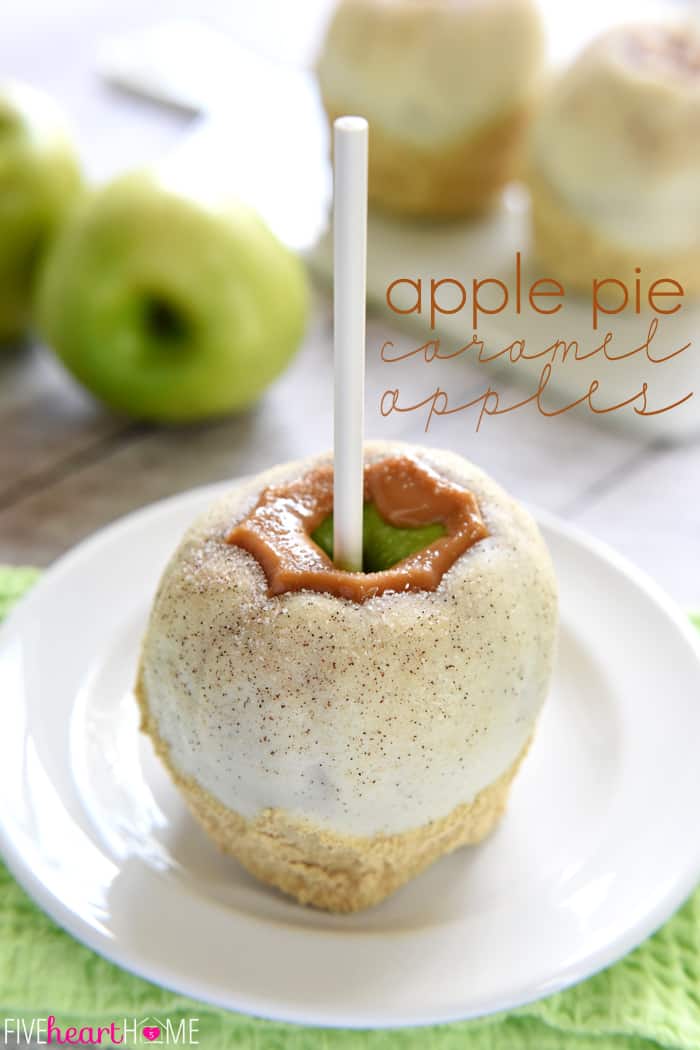 Copycat Disney Caramel Apples ~ tart green apples coated in chewy caramel, dipped in white chocolate, and then sprinkled with cinnamon sugar...and they truly taste like apple pie! | FiveHeartHome.com Apple Pie Caramel Apple with text overlay