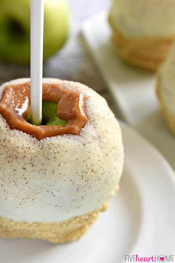 Copycat Disney Caramel Apples ~ tart green apples coated in chewy caramel, dipped in white chocolate, and then sprinkled with cinnamon sugar...and they truly taste like apple pie! | FiveHeartHome.com Close-up on a plate