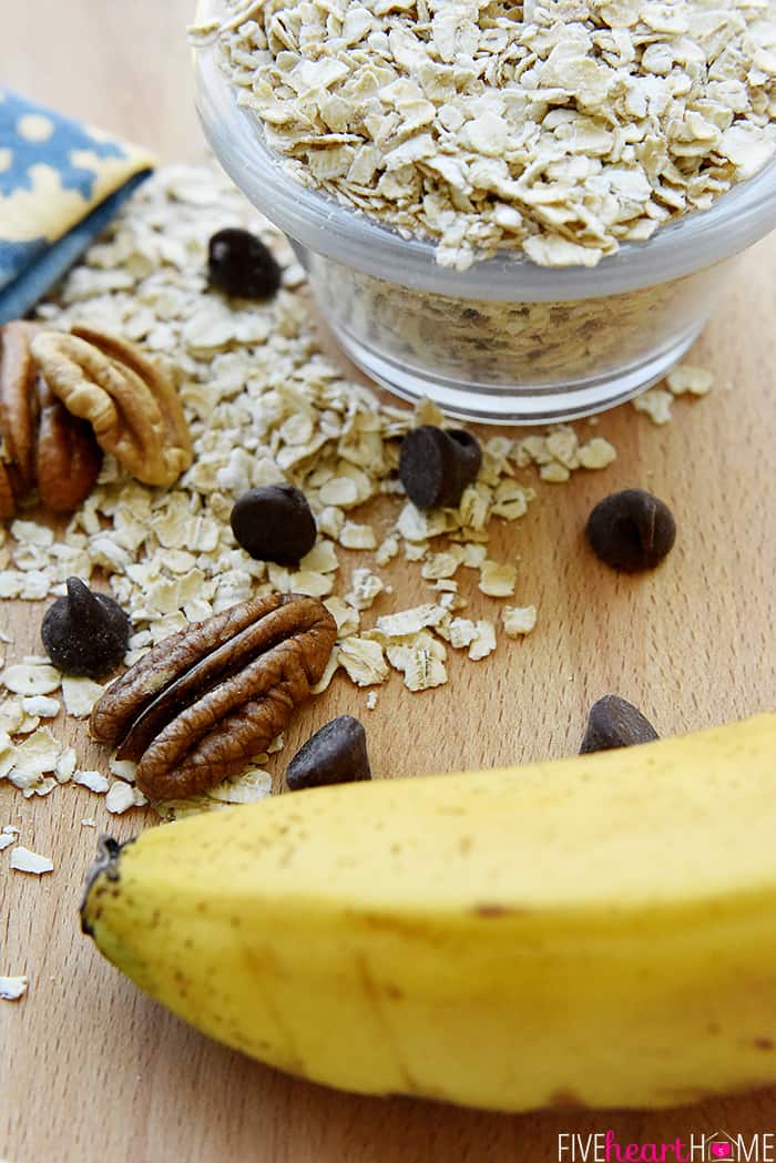 Banana Breakfast Cookies ingredients including overripe banana, oats, nuts, and chocolate chips.