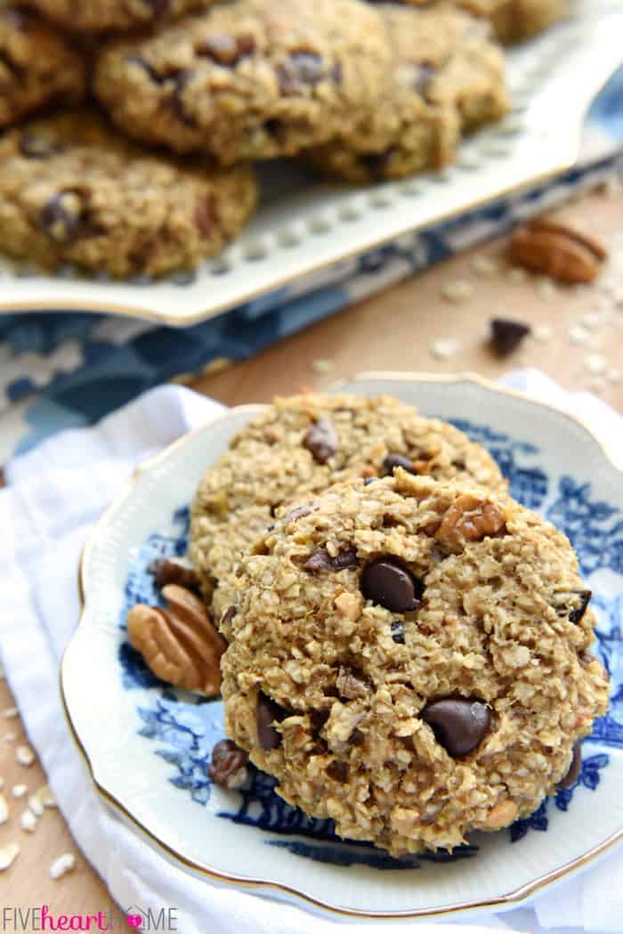 Banana Breakfast Cookies on plate and platter, with pecans and chocolate chips.