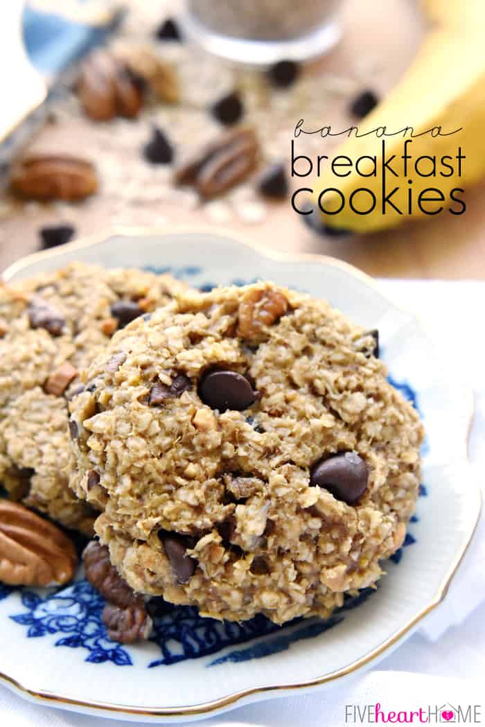 Banana Breakfast Cookies ~ a wholesome, yummy breakfast on-the-go that's naturally sweetened, gluten-free, and the perfect banana recipe for using up ripe bananas! | FiveHeartHome.com Banana Breakfast Cookies, banana recipe with text overlay.