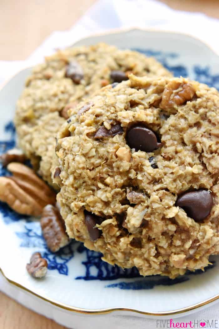 Close-up of Banana Breakfast Cookies on blue and white plate.